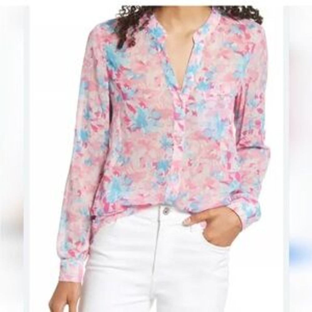 KUT from the Kloth Shirt Womens  Pink Blue Floral Top Sheer Roll Tab Sleeve Sz L
